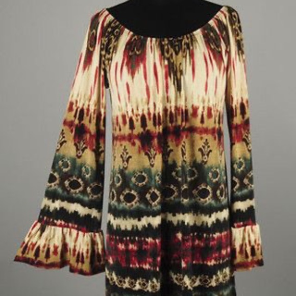Western Boho Tunic Top Stretch 3/4 Bell Sleeve Med - Picture 1 of 5